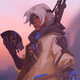 an overwatch character against a sunset